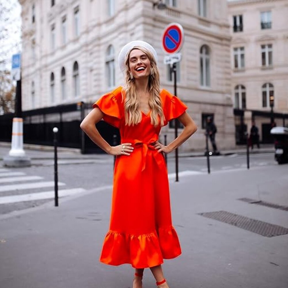 The Drop holiday cherry Tomato Flutter Sleeve Tie Waist Pull On Midi Dress
